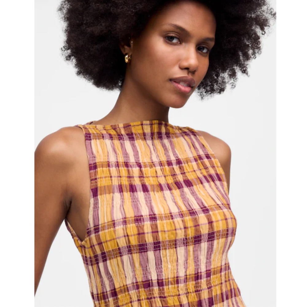 NWT Madewell Smocked Boatneck Maxi Dress in Plaid Seersucker - Picture 2 of 3